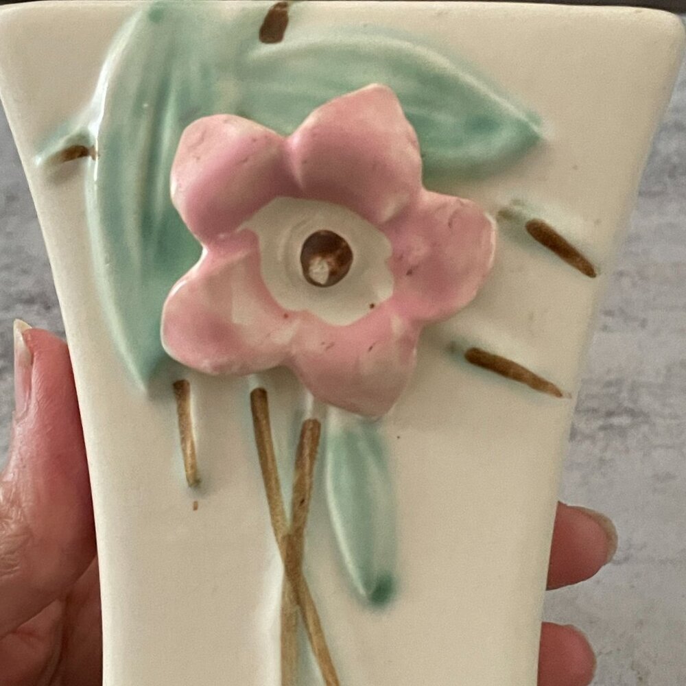 Vintage McCoy 1940s Blossom Time Dimensional Floral Relief Pottery Vase 6.25" H - Picture 2 of 8